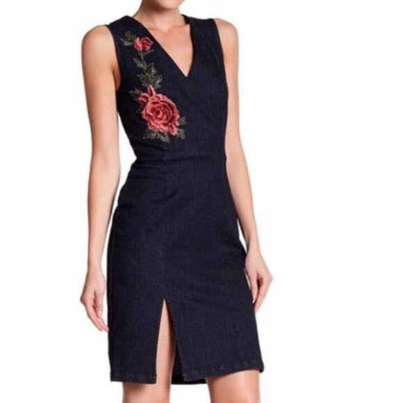 Alexia Admor Dark Blue Denim Sleeveless Dress Pink Floral Applique Size 10 - Picture 9 of 9